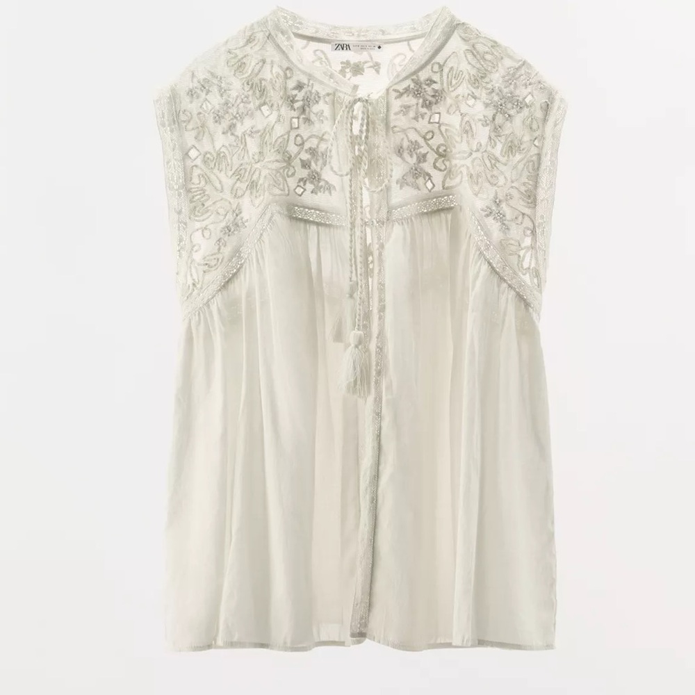 Limited Edition Embroidered Lace Top, Oyster White, Zara, L, NWT - Picture 10 of 13